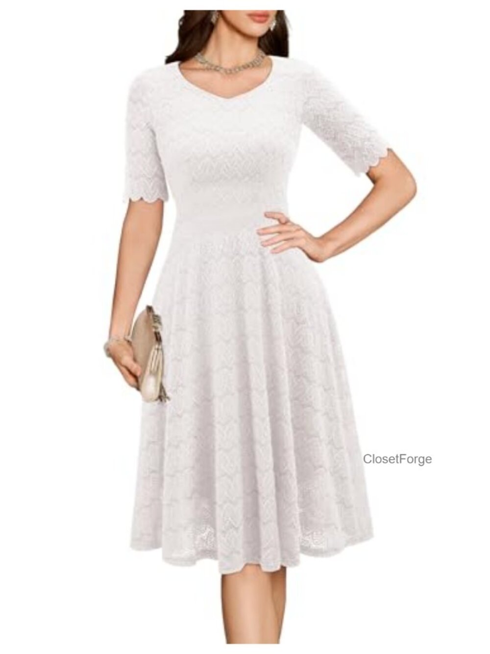 Women's Lace A-Line Dress V-Neck Half Sleeve Wedding Guest Cocktail Party Midi